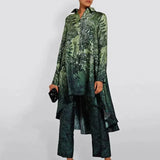Office Asymmetrical Suits Retro Pattern Printed Two-piece Sets Female Lapel Button Hem Shirt with Straight Pants