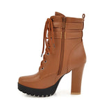 Women Comfy Platform Square High Heel Boots Fashion Round Toe Buckle Fall Winter Ankle Boots Black Brown