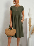 Neck Elegant Simple Short Sleeve Dress Summer Fashion Casual Dress for Women Cotton Linen Dresses 2023 Office Lady Robe
