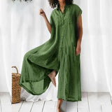 Women Cotton Linen Solid Loose Playsuit Overalls Casual 3/4 Sleeve Offcie Lady Rompers Spring Vintage V Neck Wide Leg