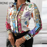 Women All Over Print V Neck Long Sleeve Shirt Blouse Women Blouses