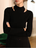 Women's Knitted Sweater 2022 Autumn Hollow Out Half High Collar High Strecth Female Clothing Solid Slim Tops