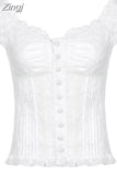 Y2K Sweet Frill White Jacquard Summer T-shirts for Women Retro Chic Lace Trim Cropped Tops Shirts Buttons Up