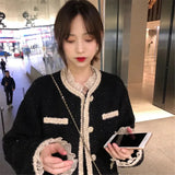 Female Black Tweed Coat Women Bright Silk Autumn Outerwear Channel Style Za Suit Kawaii Lace Stitching Ruffles