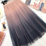 Long Tulle Skirt Women 2022 Spring Summer Gradient Korean Elegant High Waist A-line Pleated School Midi Skirt