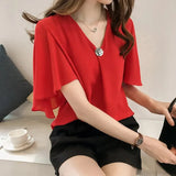 Summer New Korean Loose 4XL Ladies' Tops Short Sleeve Solid Color Blouse Pink Elegant Ruffle Chiffon Blouse Women