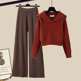 Winter Thick Knit Two Piece Sets Women Outfits Ladies Elegant Twist Knitted Sweater And Wide Leg Pant Sets Women