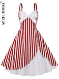 Style 50s Pinup Dress Women Vintage Cocktail Patchwork Red Striped Printed Spaghetti Straps 1950s Rockabilly Party