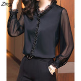 2022 Spring New Office Lady Long Sleeve Pullovers Lace Ruffles Chiffon Shirts Women's Clothing Vintage Elegant Blouse