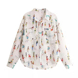 Sense Of Minority French Figure Print Long Sleeved Blouse Chiffon Women's Summer LooseThin Lapel Shirt Button Up