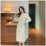 Solid Long Sleeve V-neck Elegant Dress Women Double Breasted Office Slim Knit Dress 2023 Spring Autumn Ladies