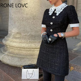 Women Elegant Lace Turn Down Collar Rhinestone Button Short Sleeves Formal Fragrant Breeze