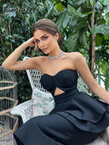 New Summer Women Strapless Bodycon Bandage Dress Sexy Sleeveless Ruffles Hollow Out Celebrity Evening Party Midi