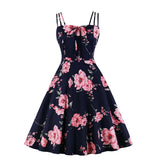 Front A Line Vintage Elegant Floral Party Flare Dress Women Summer Spaghetti Strap Shirred Back Cotton Retro Dresses