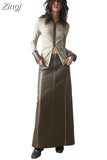 Spring Autumn Color Block Brown Pu Leather Maxi Skirt Women with Back Slit High Waist Long Luxury Designer Clothes