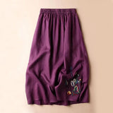 Vintage Cotton Linen Skirt Women Summer High Waist Embroidery Print A Line Midi Skirts Fashion Solid Loose Casual