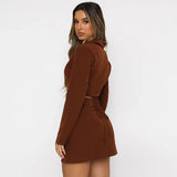 Fall Two Piece Cropped Blazer Skirt Set 2 Piece Sets Womens Outfit Skirt Femme Button Notched Lace Up Matching
