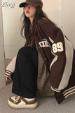 Bomber Jackets Women Oversize Letter Contrast Color Preppy Style Korean Coats High Street Chic Baseball Outerwear