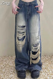 Street American Vintage Denim Pants Distressed Y2k Straight Jeans Women Wide Leg Hip Hop Grunge Raw Edge Hole Jean