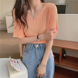 V-Neck Knitted Short-sleeved T-shirt Summer Korean Version 2022 New Loose And Thin Short All-match Bottoming
