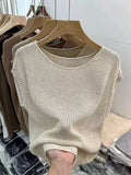 Top Women Summer Ice Silk Solid T-shirt Sleeveless Knit Top Women French Top 2023 Slim Bottom Shirt Elegant Blusas