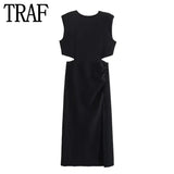 2023 Cut Out Long Dress Women Summer Sleeveless White Black Dress Woman Fashion Ruched Midi Elegant Party Dresses For