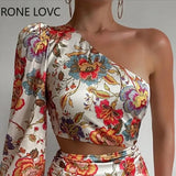 Women Chic One Shoulder Long Puff Sleeves Crop Top Floral Print Party Bodycon Mini Skirt
