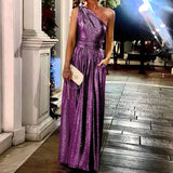 Solid Shiny Ladies Long Dress Fashion Diagonal Collar Backless Sleeveless Party Dress Casual Slim Pleated Pocket