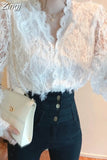 V-neck Hollow Lace Bottoming Shirt Korean Fashion Long Sleeve Elegant Blouse Slim Vintage Shirt Women Tops Blusas