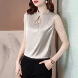 Summer Women's Shirt Chiffon Blouses for Women Sleeveless Solid Shirt Chinese Stand Neck Blouse Female Embroiderey