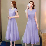 Mid-length Chiffon Short-sleeved Dress with Pearl Belt Showing Thin Ladies Temperament Gentle Wind Chiffon A-line