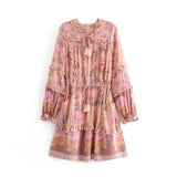 Queens Vintage Women Floral Print Long Sleeve V-neck Ruffles Tassel Beach Bohemian Dresses Rayon Mini Boho Dress