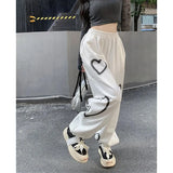 Pure Cotton Sweatpants Women Heart Print Joggers Hip Hop Streetwear Oversized Wide Leg Pants Harajuku Korean Trousers