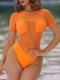 2022 Beachwear Orange Color Sheer Mesh Cutout Two Piece Swimsuit With Lining Swimwear Women Summer Sexy Bikini Cover