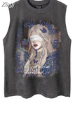 Street Graffiti Y2k Vintage Print Casual American Women Tanks Tops Hip Hop Couples Loose Vest Summer Sleeveless