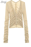 2023 Tulle Crop Top Women Ruched Mesh Top Female Cropped Sexy See Through Tops Woman Long Sleeve Semi Transparent