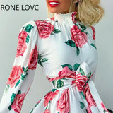 Women High Neck Long Sleeves Rose Print Ruffles Hem Dress Elegant Fashion Chic