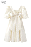 Summer Women's Clothes Mini Princess Dress Kawaii Elegant Bow Puff Sleeve V-Neck Party Dresses Sweet Mori Girl A-line