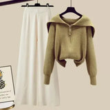 Winter Knit Two Piece Sets Womens Outfits Ladies Casual Sailor Collar Knitted Sweater And Wide Leg Pants Sets Koeran