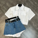 2022 Summer New Arrivals Short Sleeve White Shirt Fake Two Pieces Denim Skirt Belt Two Piece Sets Women Outfits