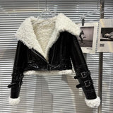 2022 Winter Bright Pu Buckle Belt Lambswool Sailor Turn Down Collar Leather Fur Jacket Women Coat