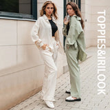 2021 Women Two Piece Set Casual Shirt Office Lady Long Sleeve Blouse Chic Elastic Waist Summer Long Trousers