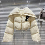 2022 Winter Long Sleeve Lambswool Sailor Collar Short Cotton Coat Women Drawstring Jacket