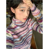 Y2K Striped Sweater Women Harajuku Turtleneck Knit Pullovers Korean Patchwork Knitwears Vintage O Neck Slim Jumpers