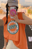 Women Tops Tshirts Sleeveless Summer American Vest Vintage Tees Loose Mid Length Letter O Neck Camisetas Ins High Street Hip