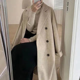 Women Double Breasted Loose Woolen Coat Lapel Collar Long Sleeves Solid Women's Casual Oversize Autumn Winter