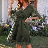 Solid Chiffon Flare Sleeve Mini Boho Summer Dress Holiday Frills Ruffle Hem Beach Floral Sundress Wrap Cocktail