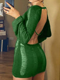 Backless Distressed Long Sleeve Party Mini Dress- Outfit