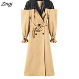 2023 Autumn And Winter British Style Temperament Leather Contrast Color Windbreaker Women's 2023 Double Breasted