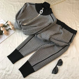 Quality New Winter Woman Tracksuit Geometric stripeTurtleneck Zipper Knitted Cardigans + Pants Women Two piece
